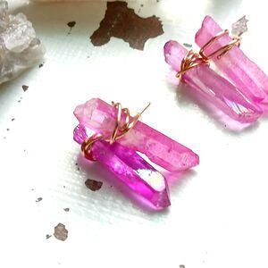 Pink Aura Quartz Crystal Point Stud Earrings, Boho Chic Copper Artisan 1"